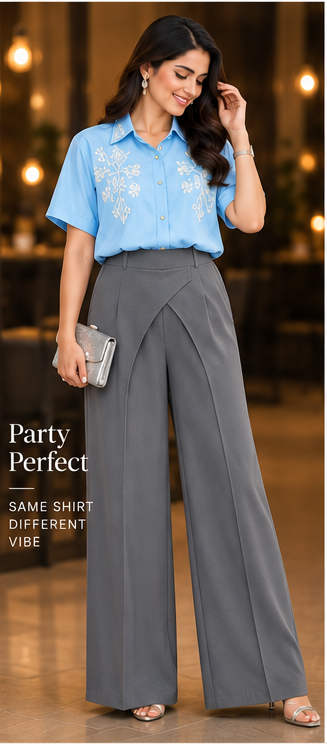 Light Blue Embroidered Shirt & Grey Drape Wide-Leg Pants Set