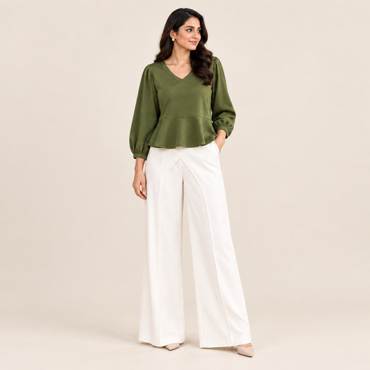 Olive Green Peplum Top and White Pants Set catalog image preview