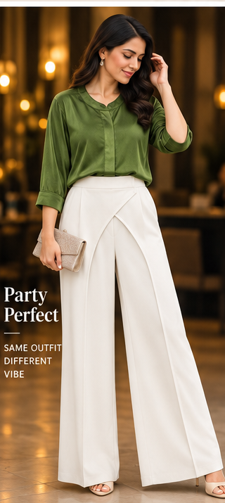 Green Satin Shirt & White Drape Wide-Leg Pants Set