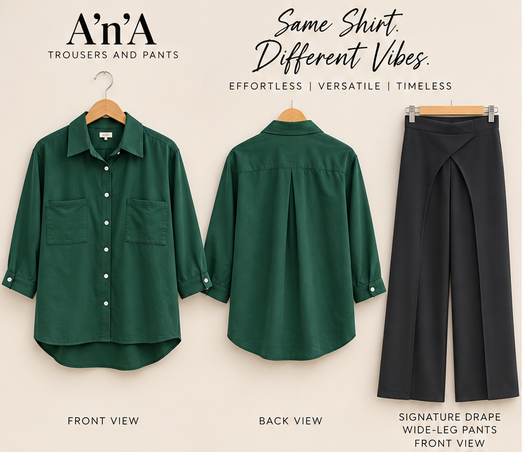 Dark Green Cotton Shirt & Black Drape Wide-Leg Pants Set