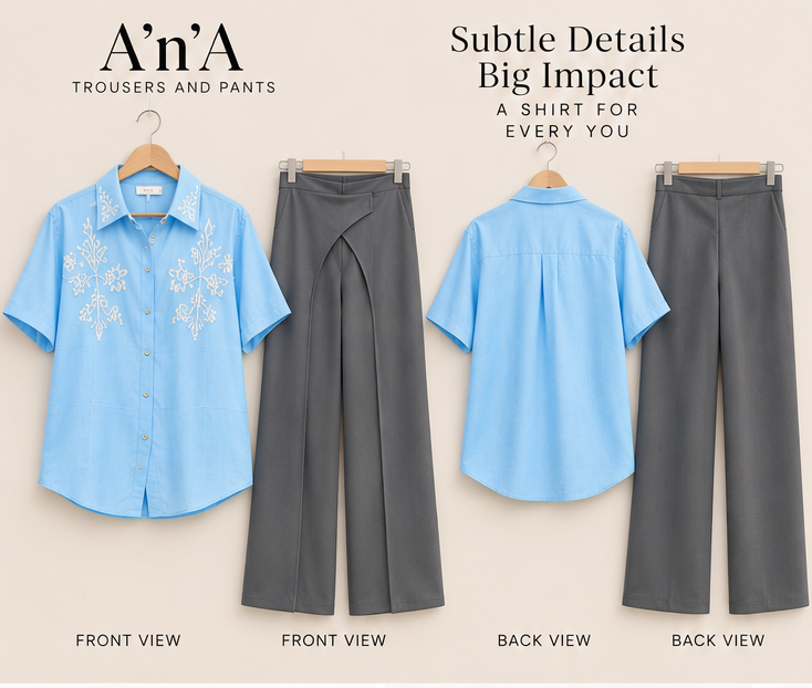Light Blue Embroidered Shirt & Grey Drape Wide-Leg Pants Set