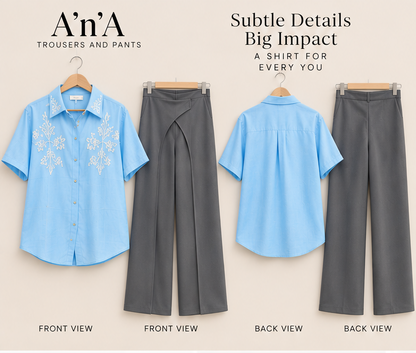 Light Blue Embroidered Shirt & Grey Drape Wide-Leg Pants Set