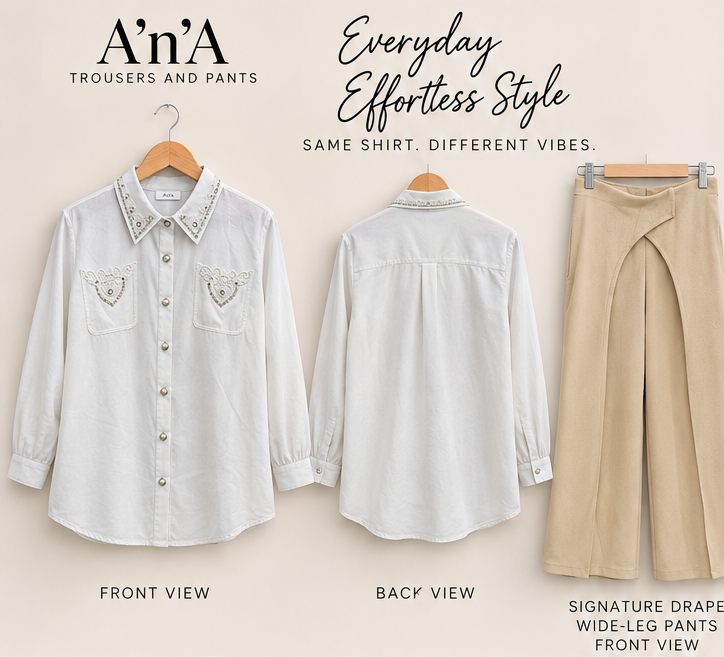 Light Blue Embellished Shirt & Beige Drape Wide-Leg Pants Set