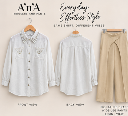 Light Blue Embellished Shirt & Beige Drape Wide-Leg Pants Set