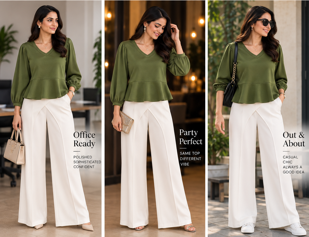 Olive Green Peplum Top & White Drape Wide-Leg Pants Set