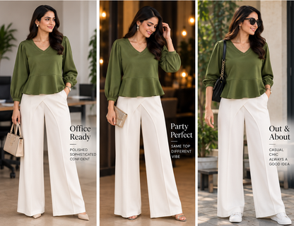 Olive Green Peplum Top & White Drape Wide-Leg Pants Set