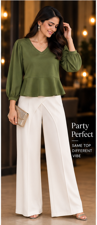Olive Green Peplum Top & White Drape Wide-Leg Pants Set