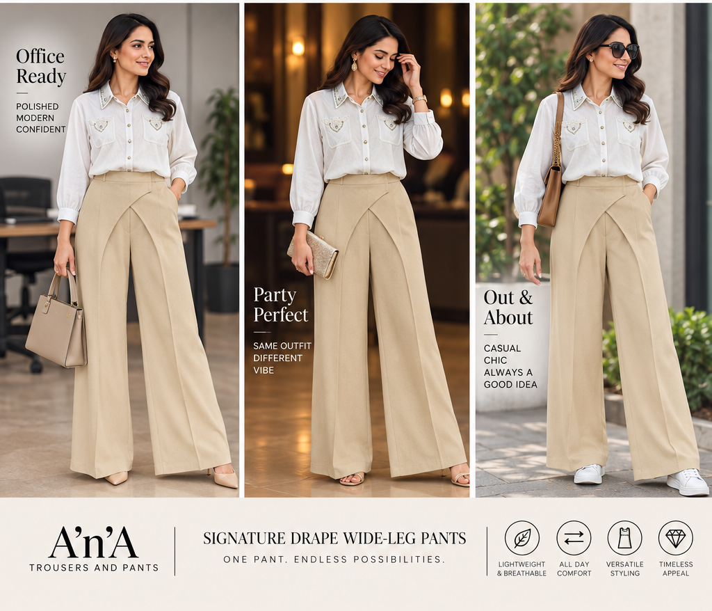 Light Blue Embellished Shirt & Beige Drape Wide-Leg Pants Set