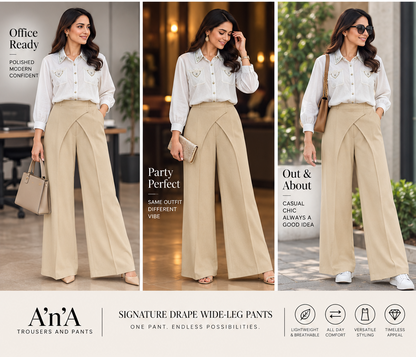 Light Blue Embellished Shirt & Beige Drape Wide-Leg Pants Set