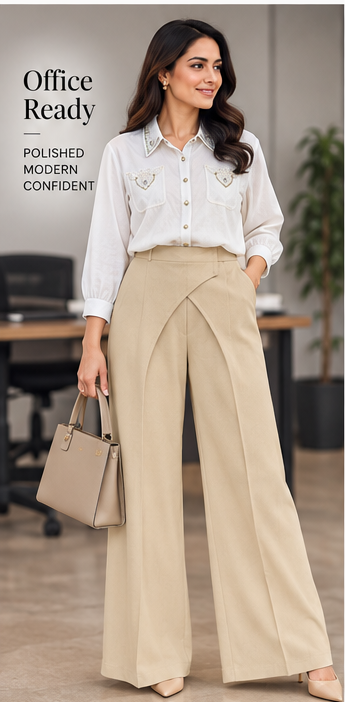 Light Blue Embellished Shirt & Beige Drape Wide-Leg Pants Set