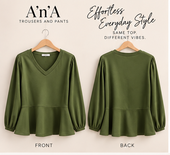 Olive Green Peplum Top & White Drape Wide-Leg Pants Set