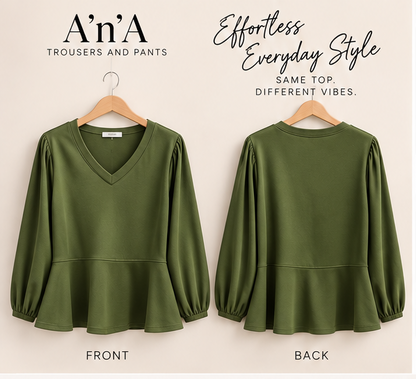 Olive Green Peplum Top & White Drape Wide-Leg Pants Set